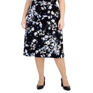 Kasper Plus Size 1X Floral-Print Pull-On Flared Midi Skirt Navy Black MSRP $79